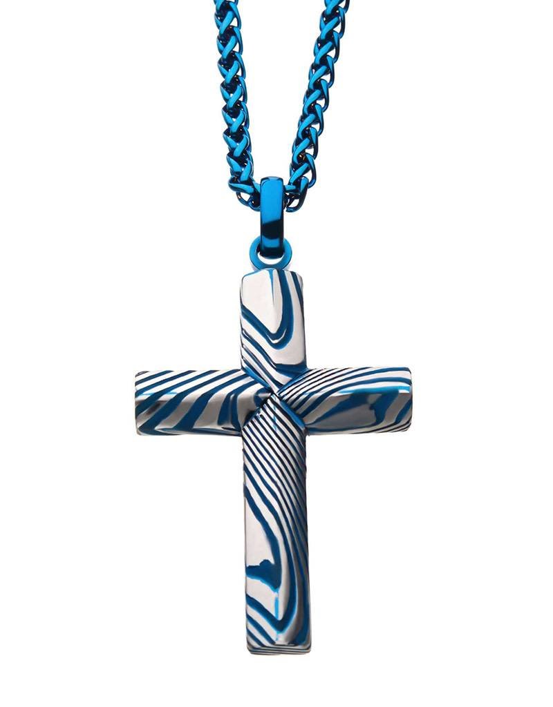 Men's Stainless Steel Blue Damascus Cross Necklace 24"