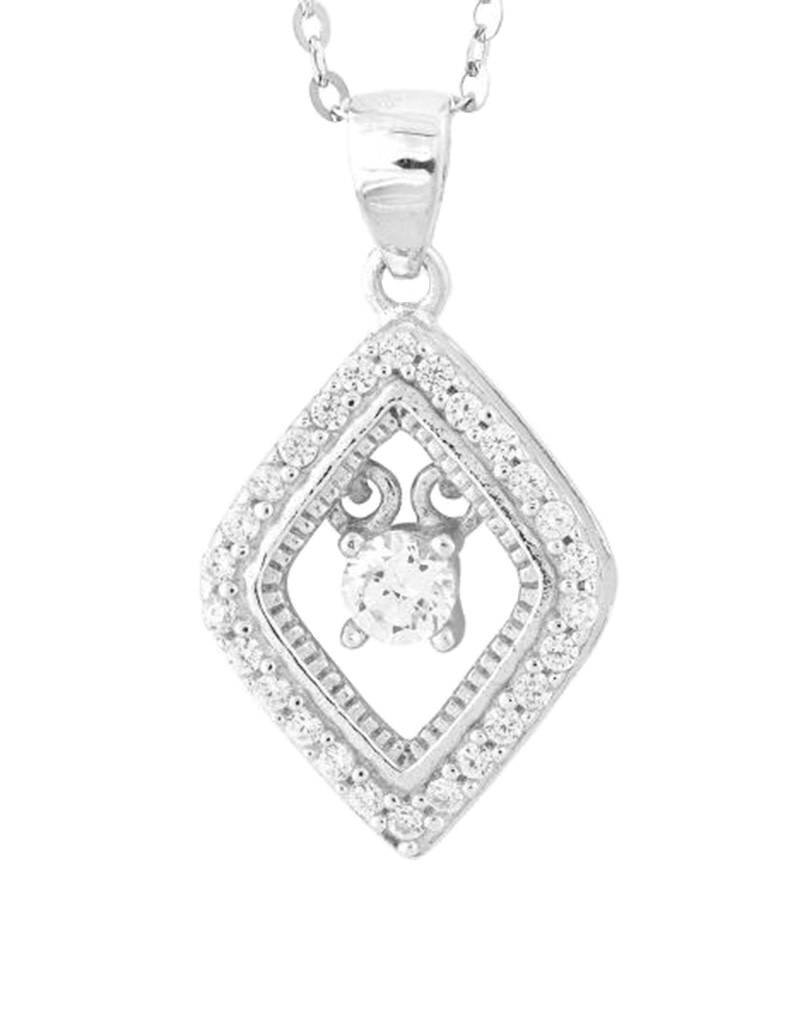 Sterling Silver Diamond Shape Dancing Cubic Zirconia Necklace 18"