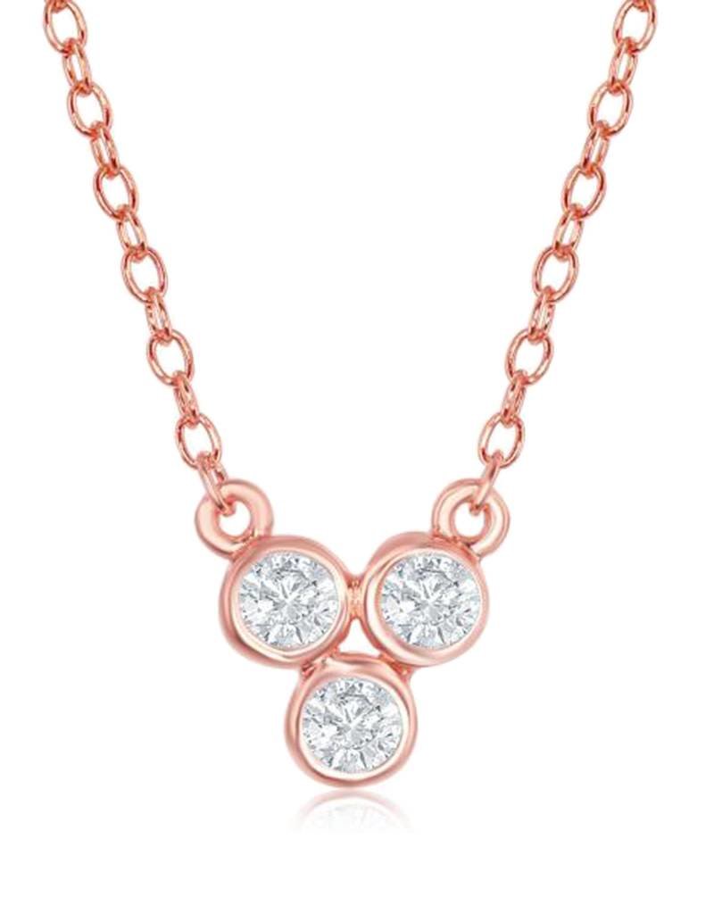 Sterling Silver 3 Bezel-Set Cubic Zirconia Necklace with 14k Rose Gold Vermeil Finish 16"+2" Extender