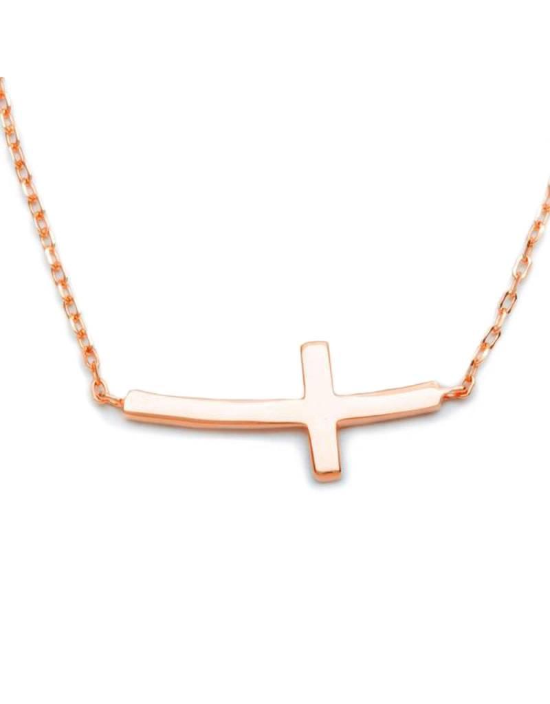 Sterling Silver Sideways Cross Necklace with 14k Rose Gold Vermeil Finish 16"+2" Extender