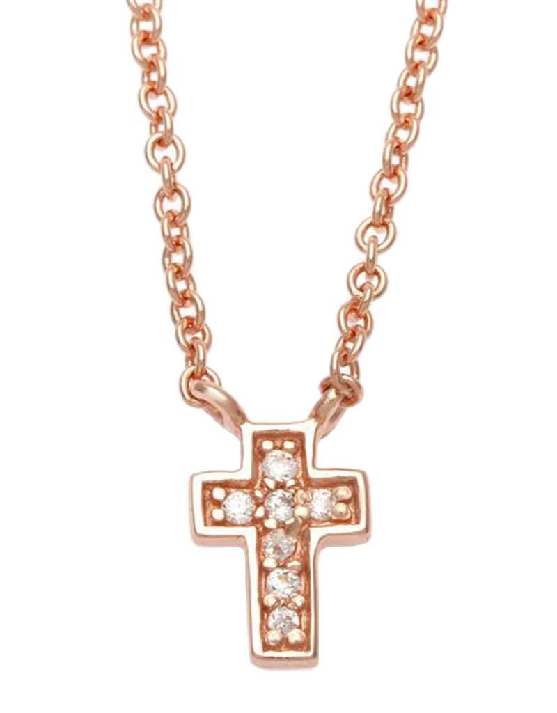 Sterling Silver Cross Cubic Zirconia Necklace with 14k Rose Gold Finish 14"+2" Extender