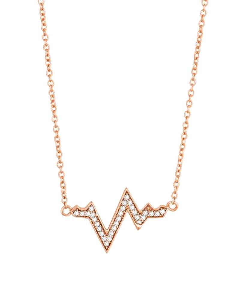 Sterling Silver Heartbeat Cubic Zirconia Necklace with 14k Rose Gold Vermeil Finish 16"+2" Extender
