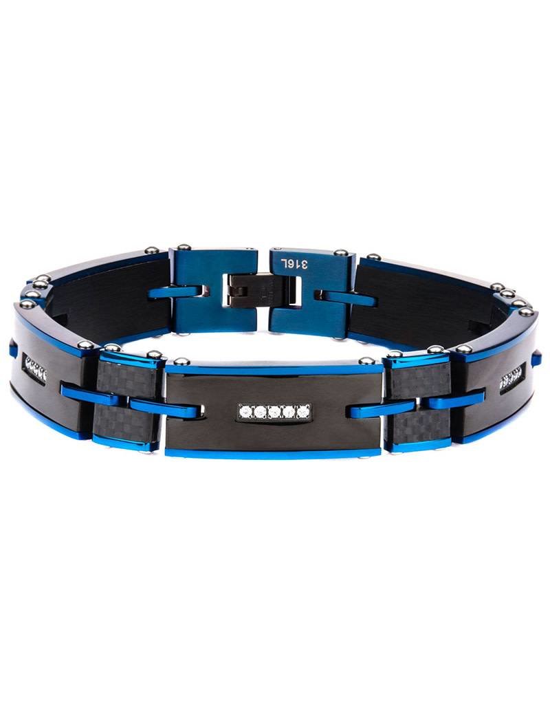 Men's Black & Blue Stainless Steel CZ Bracelet 8.5"