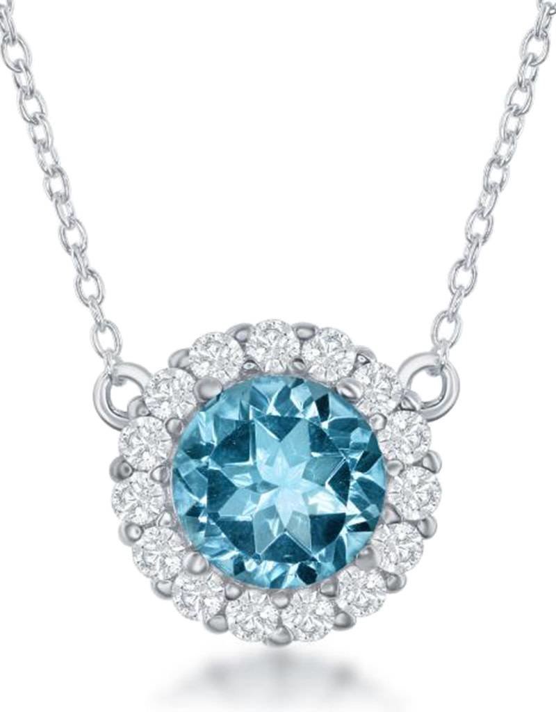 Sterling Silver Round Blue Topaz Necklace 16"+2" Extender