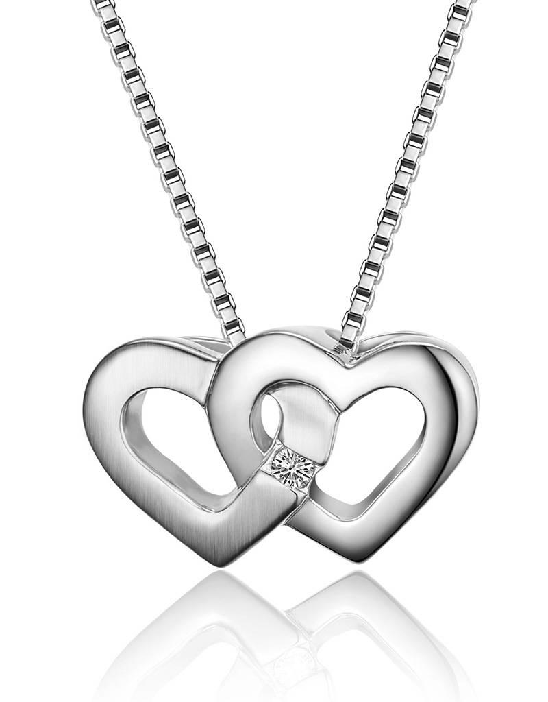 Sterling Silver Double Heart Diamond Necklace 18"