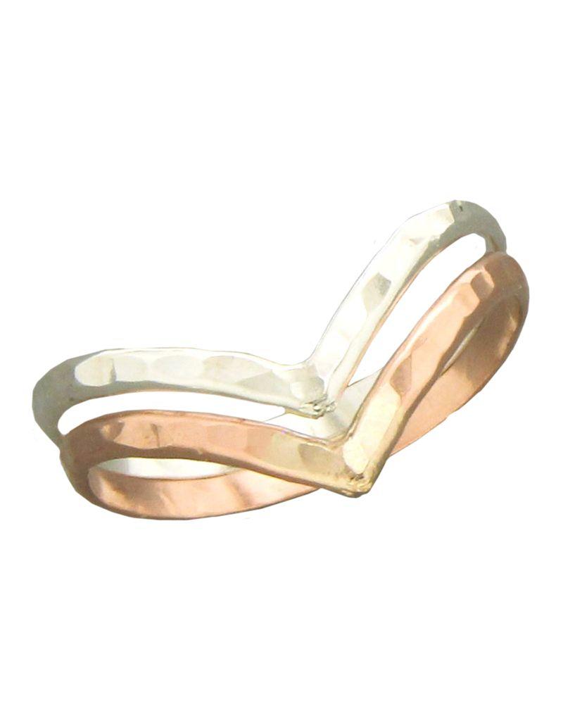 Sterling Silver and 14k Rose Gold Filled V-Shaped Hammered Ring