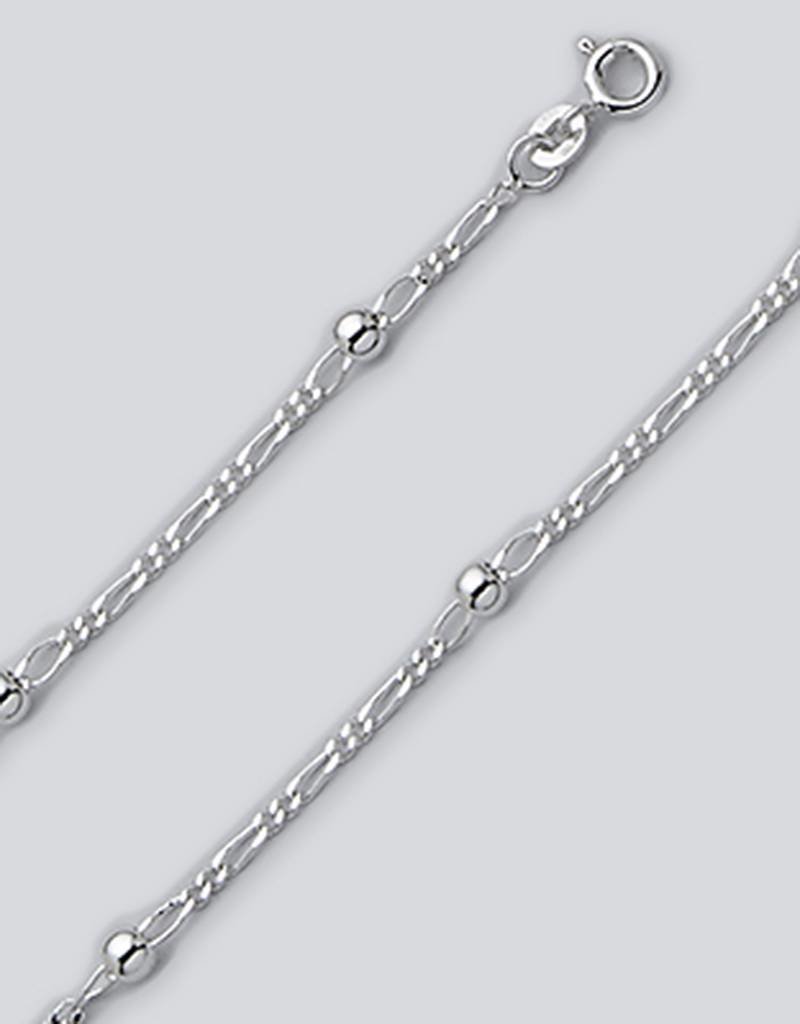 Sterling Silver Figaro Chain with Bead Anklet 9"+1" Extender