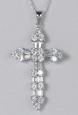 Sterling Silver Baguette and Round Cubic Zirconia Cross Pendant 41mm (Chain Sold Separately)