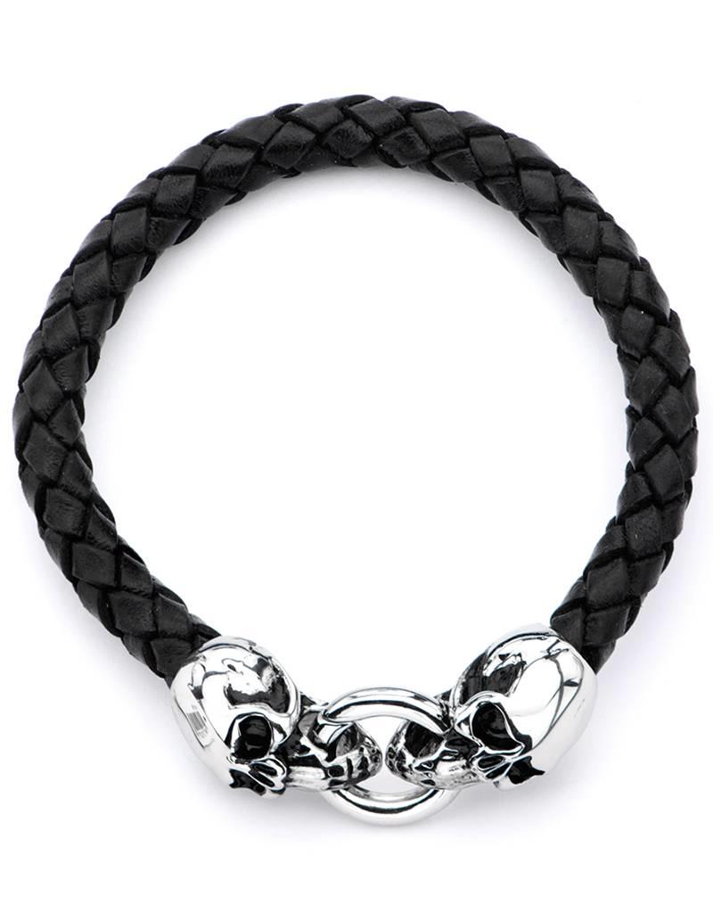 Men's Stainless Steel Skull and Black Leather Bracelet 8.5"