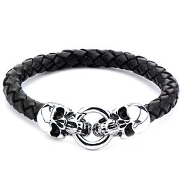Steel Skull & Leather Bracelet 8.5"