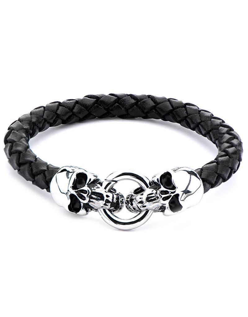 Men's Stainless Steel Skull and Black Leather Bracelet 8.5"
