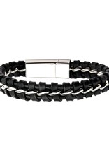Men's Stainless Steel and Braided Black Leather Bracelet 8.25"