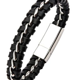 Braided Black Leather & Steel Bracelet