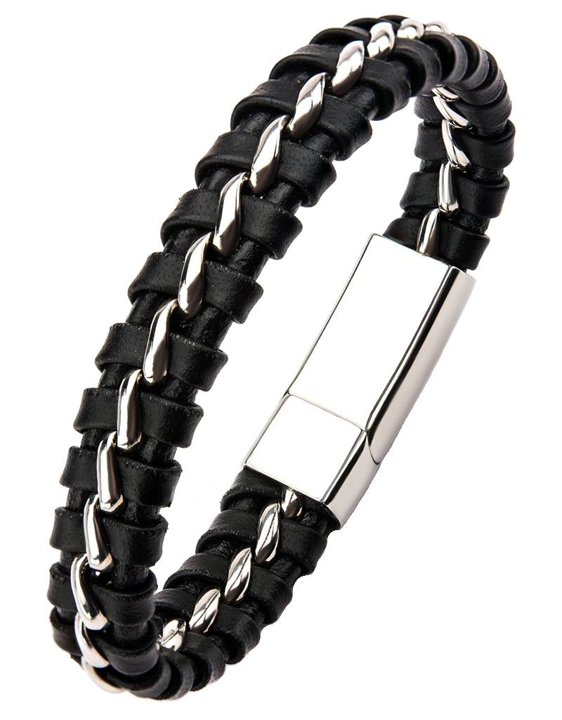 Braided Black Leather & Steel Bracelet