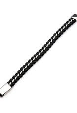 Men's Stainless Steel and Braided Black Leather Bracelet 8.25"