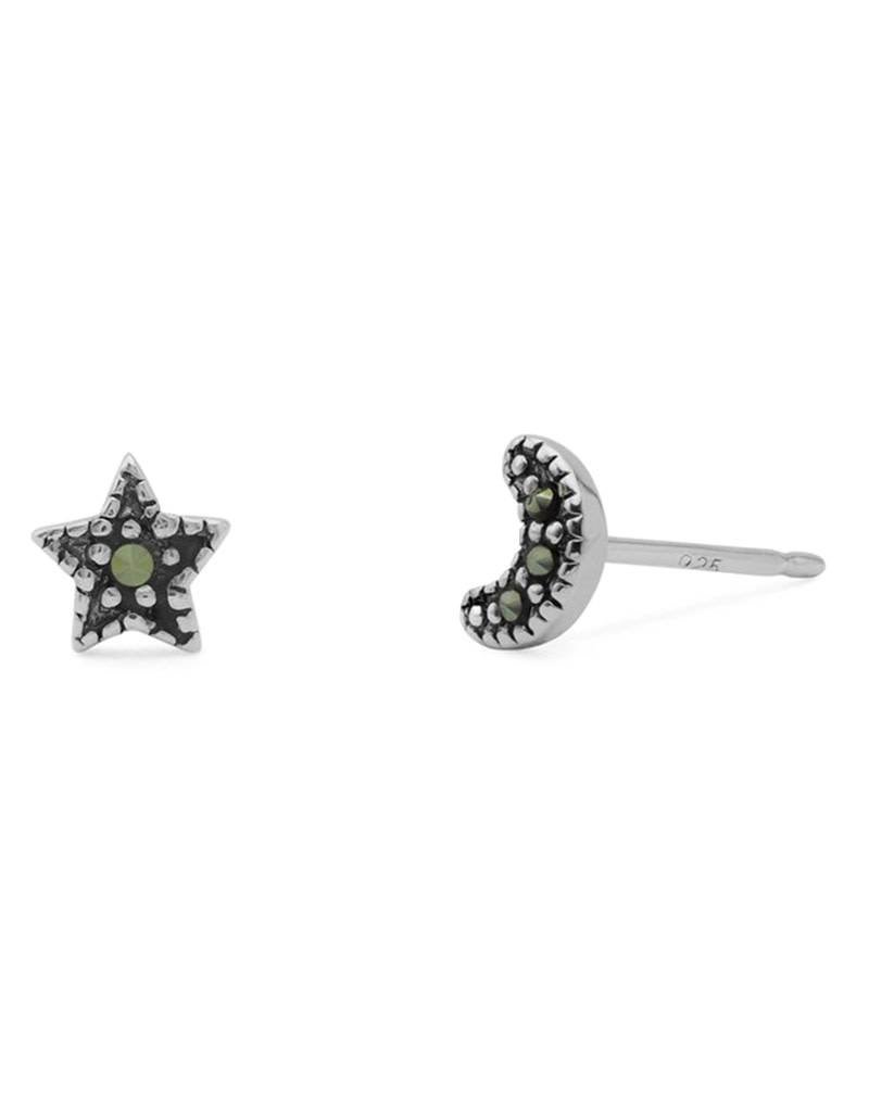 Sterling Silver Marcasite Moon and Star Stud Earrings 5mm