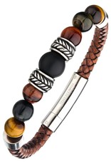 Men's Braided Brown Leather with Black Onyx and Tiger Eye Bead Bracelet 8"