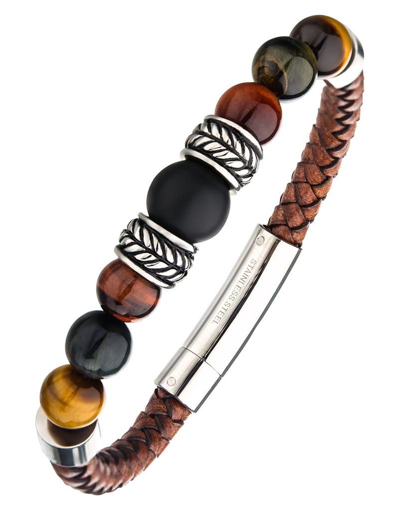 Men's Braided Brown Leather with Black Onyx and Tiger Eye Bead Bracelet 8"