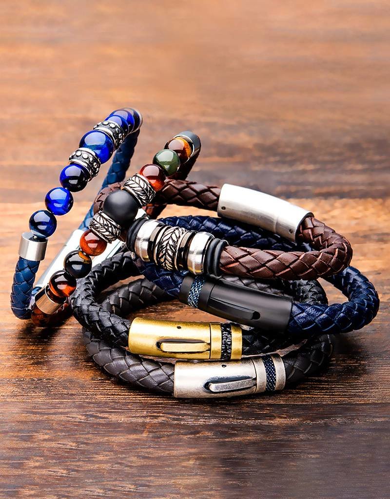 Men's Braided Brown Leather with Black Onyx and Tiger Eye Bead Bracelet 8"