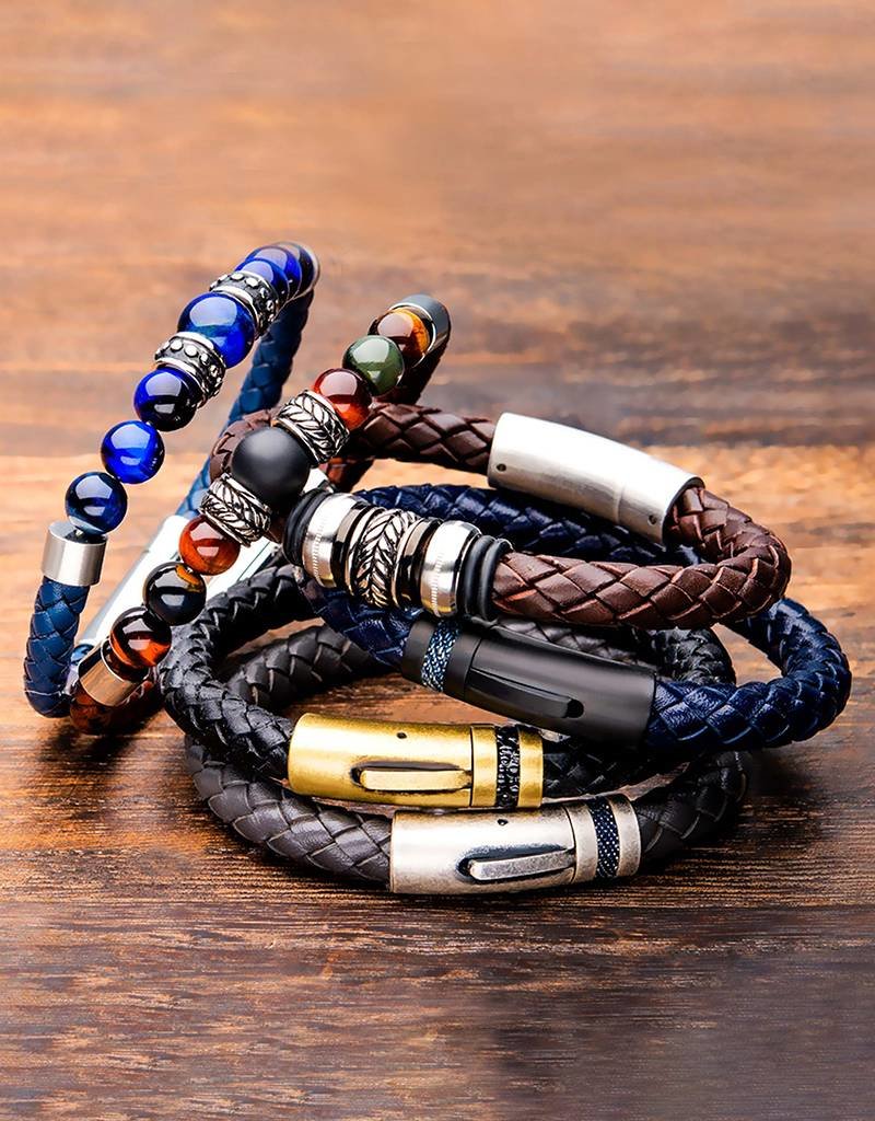Men's Blue Braided Leather with Blue Tiger Eye Bead Bracelet 8.5"