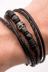 Men's Stainless Steel Multi Black Leather & Black Skull Beads Bracelet