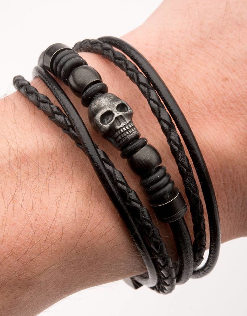 Men's Stainless Steel Multi Black Leather & Black Skull Beads Bracelet