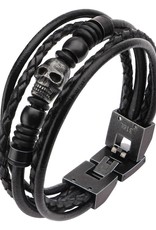 Men's Stainless Steel Multi Black Leather & Black Skull Beads Bracelet