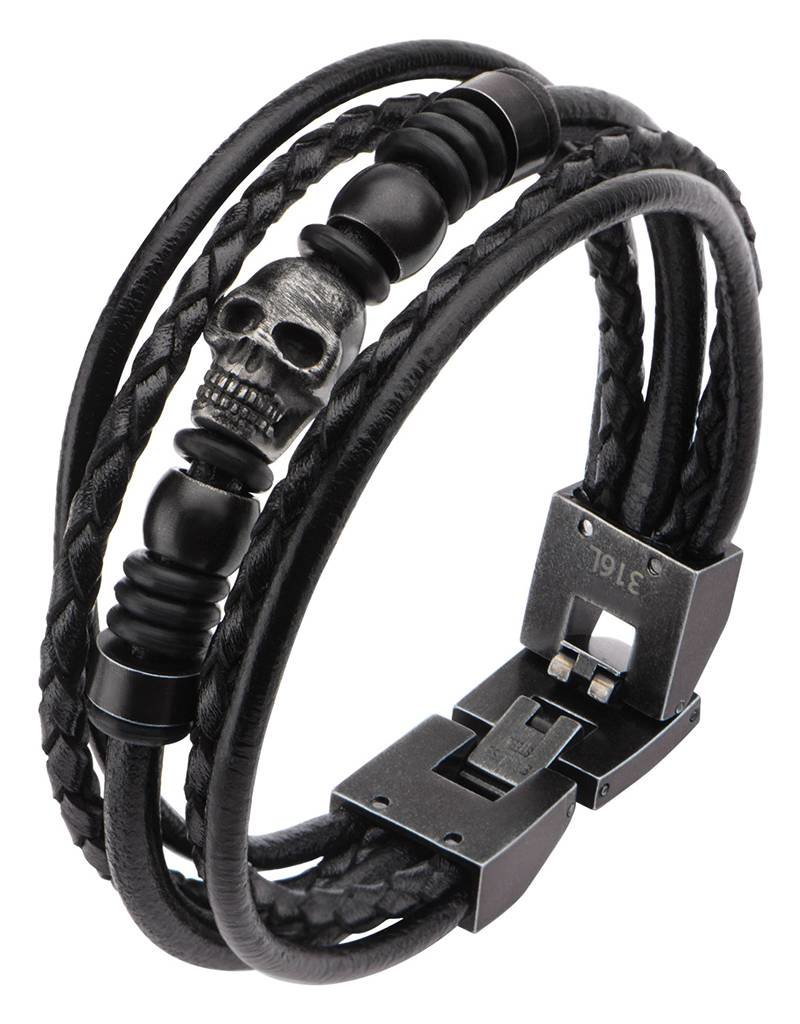 Men's Stainless Steel Multi Black Leather & Black Skull Beads Bracelet