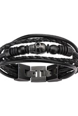 Men's Stainless Steel Multi Black Leather & Black Skull Beads Bracelet