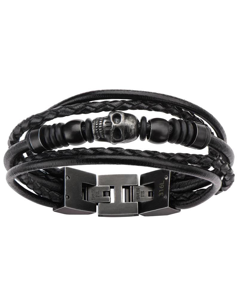 Men's Stainless Steel Multi Black Leather & Black Skull Beads Bracelet