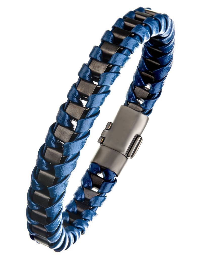 Blue Leather Steel Bracelet 8.25"