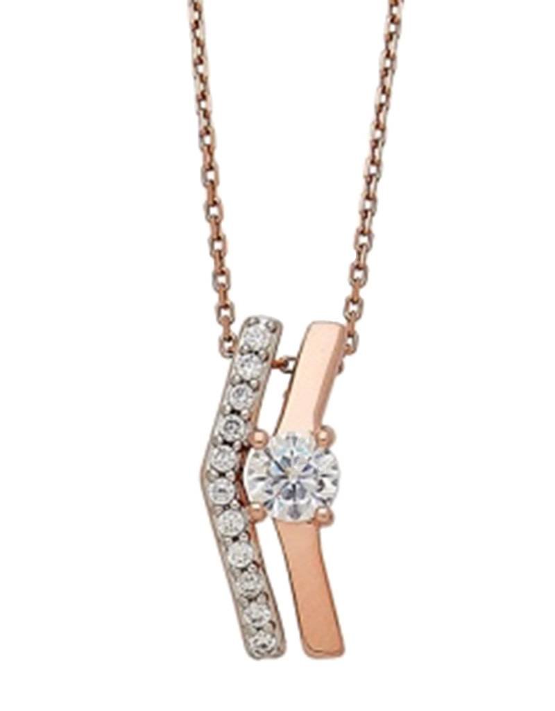 Sterling Silver Double Angled Line Cubic Zirconia Necklace with 14k Rose Gold Vermeil Finish 18"