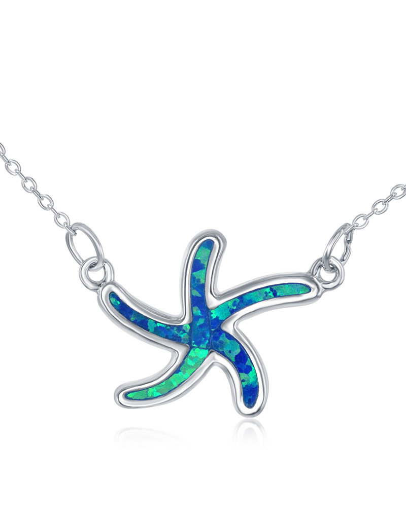 Sterling Silver Starfish with Synthetic Blue Opal Choker Necklace 12"+4"