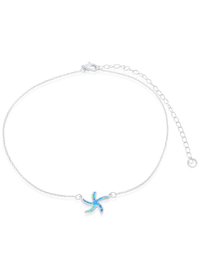 Sterling Silver Starfish with Synthetic Blue Opal Choker Necklace 12"+4"