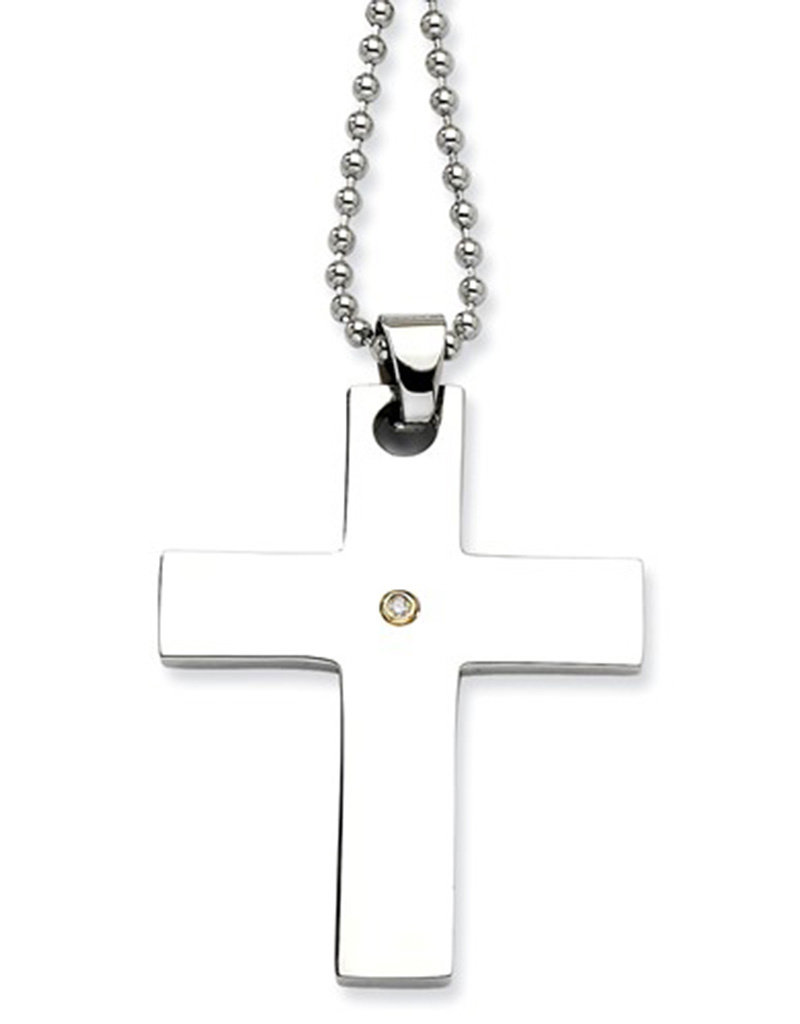 Stainless Steel Cross with14k Gold Bezel and Diamond Necklace 22"