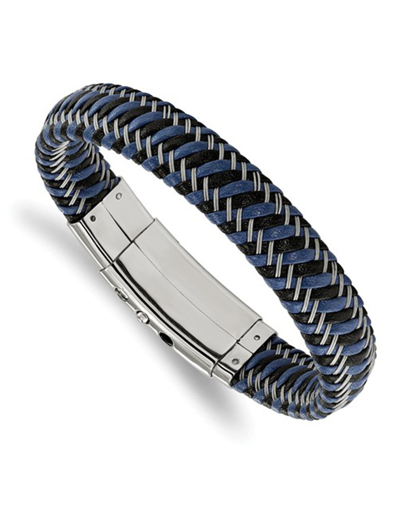 Men's Stainless Steel Black & Blue Leather Bracelet