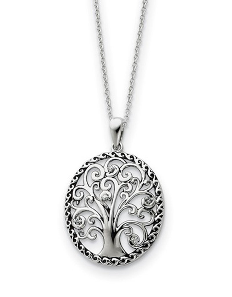 Sterling Silver Antiqued Tree of Life Cubic Zirconia Necklace 18"