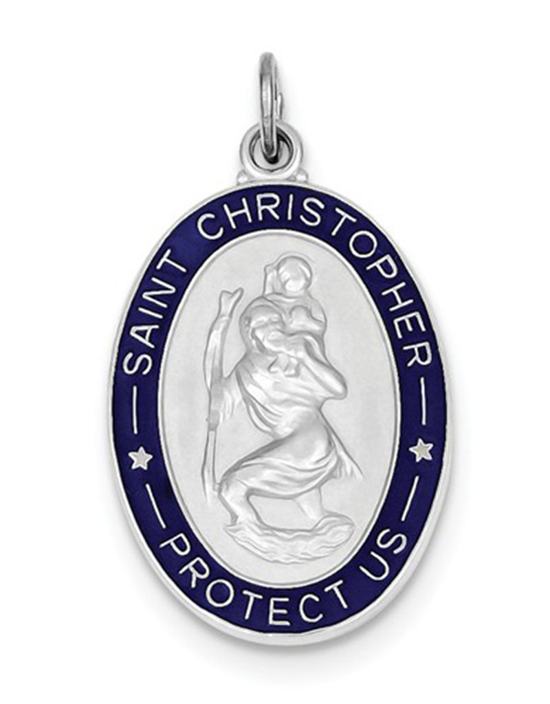 Sterling Silver St. Christopher Pendant with Blue Enamel 28mm