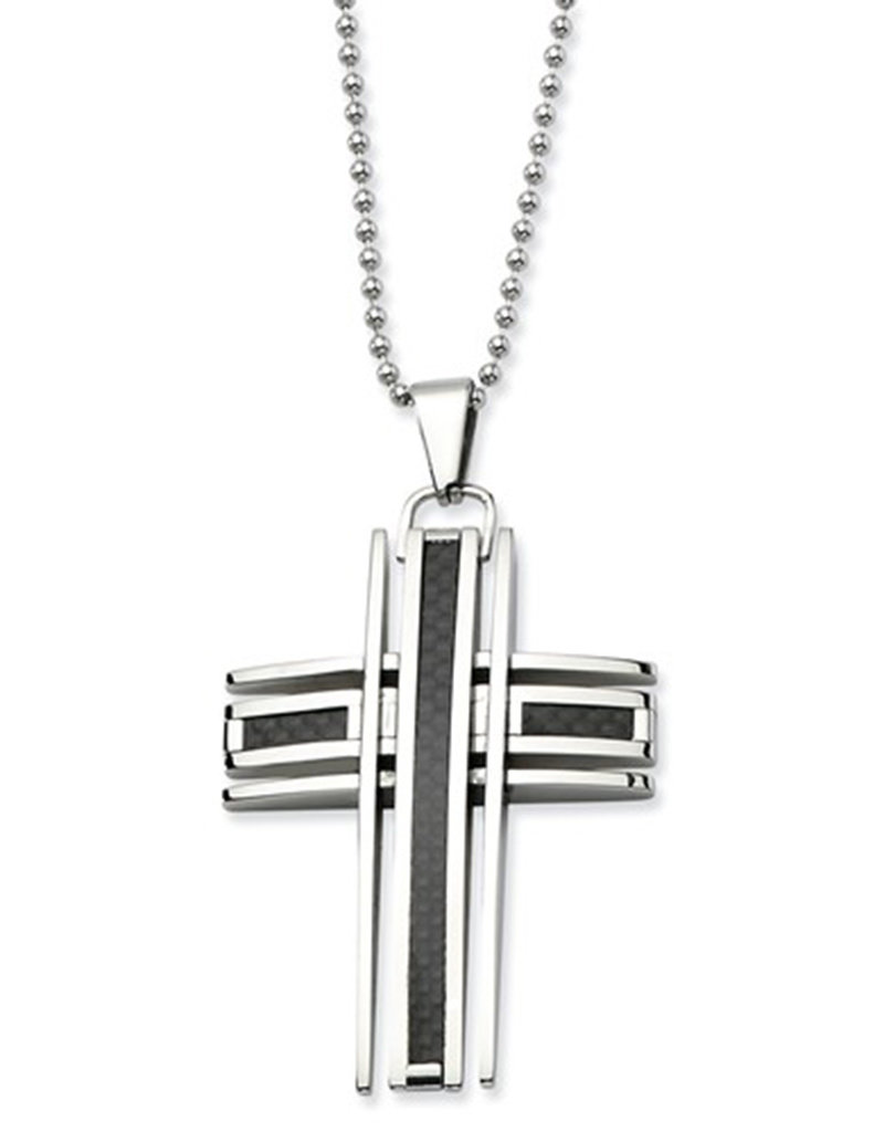 Men's Stainless Steel Cross with Carbon  Fiber Necklace 24"