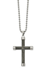 Men's Stainless Steel Gray Wood Inlay Cross Necklace 24"