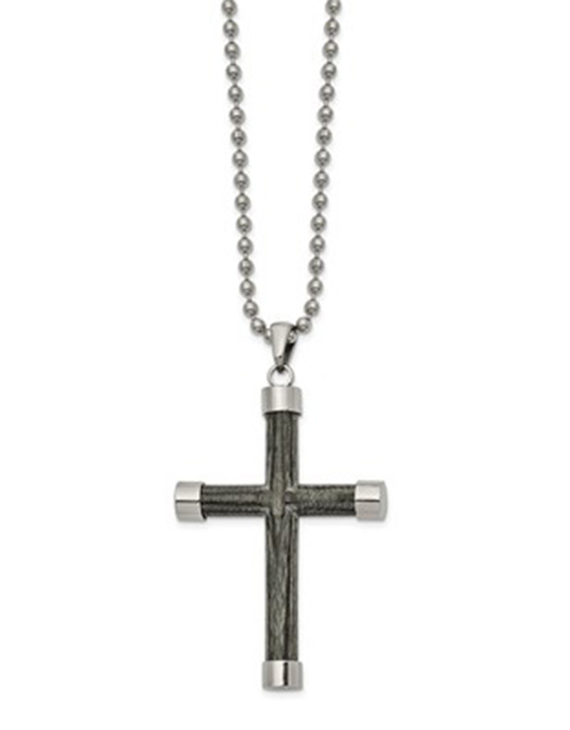 Men's Stainless Steel Gray Wood Inlay Cross Necklace 24"