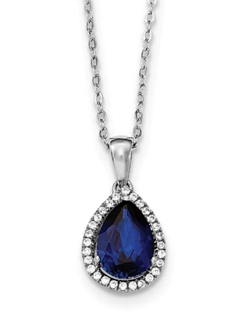 Pear Blue Sapphire & Cubic Zirconia Tear Drop .925 Sterling Silver Pendant