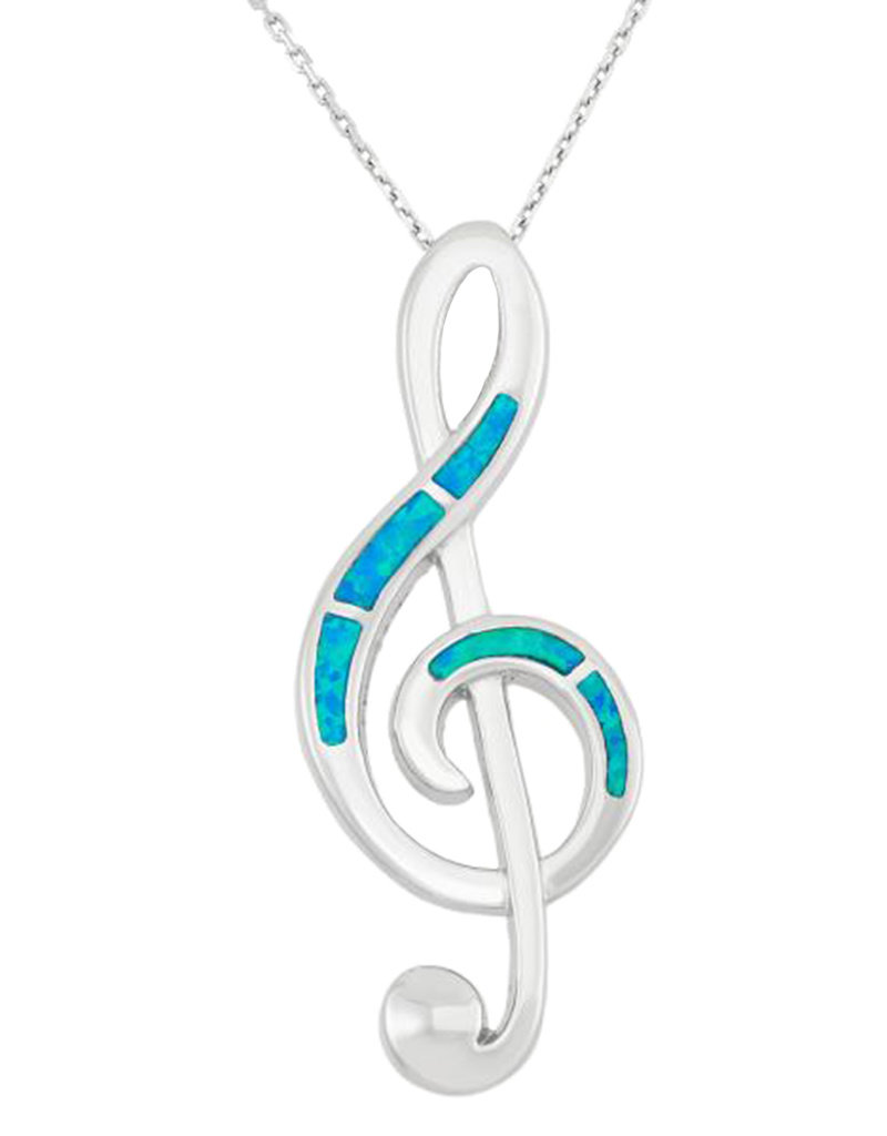 Sterling Silver Treble Clef Synthetic Blue Opal Pendant 41mm (Chain Sold Separately)