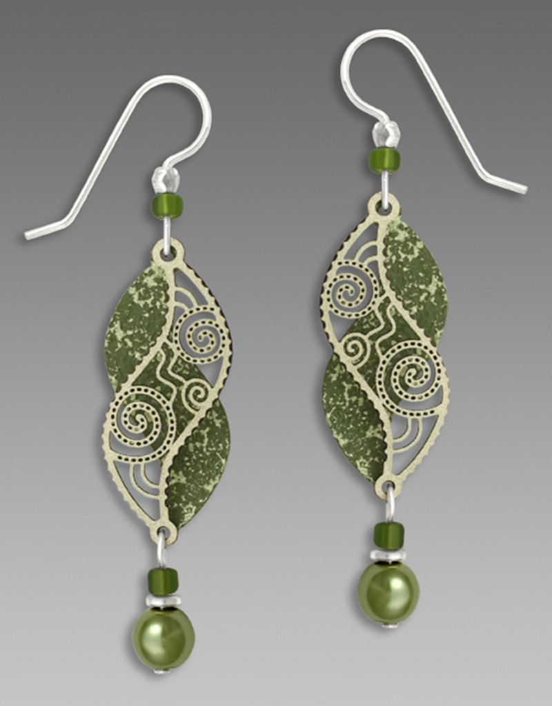 Olive Green Double Helix Earrings with Dusty Green Filigree and Bead Drop