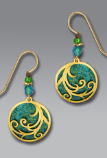 Rich Teal Disk Earrings with Gold Plated Ribbons Overlay