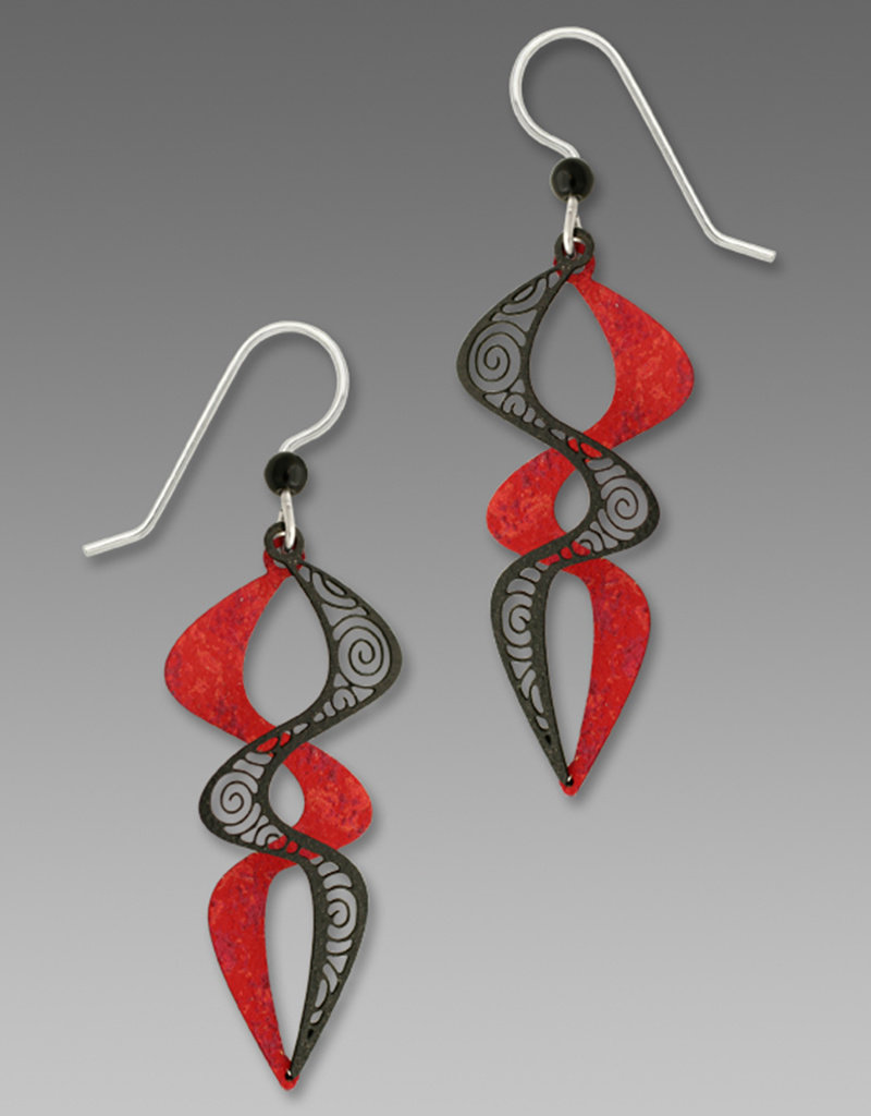 Ruby Red and Black Filigree Paired Double Helix Earrings