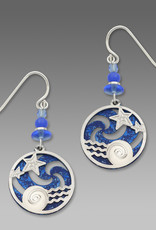 Ocean Blue Pinwheel Earrings with Imitation Rhodium Stars-Over-Water Overlay