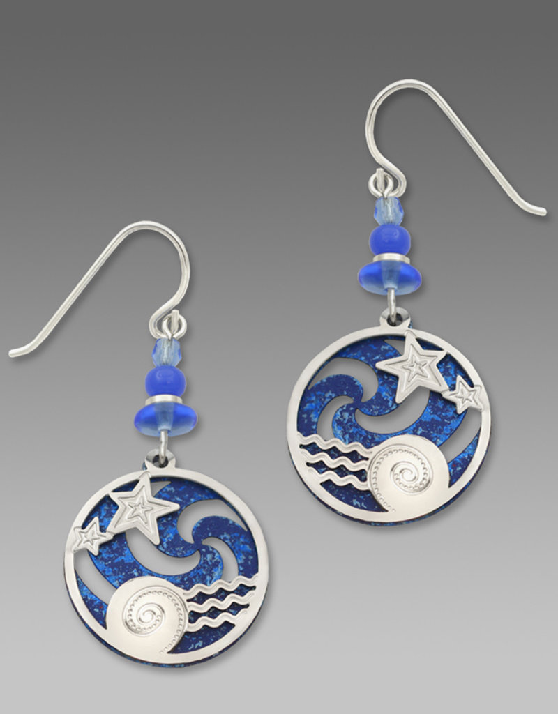 Ocean Blue Pinwheel Earrings with Imitation Rhodium Stars-Over-Water Overlay