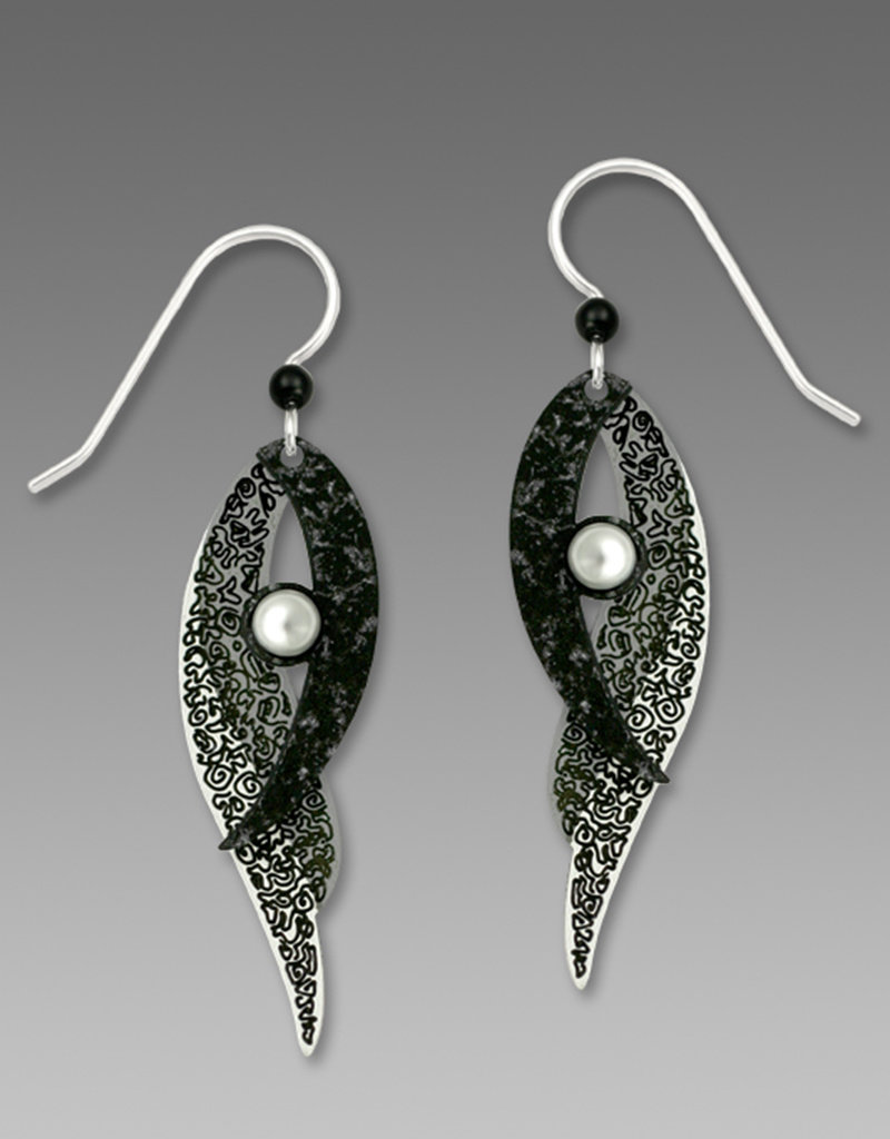 Black and White Folded Bird Wing Earrings with Pearl Tone Cabochon