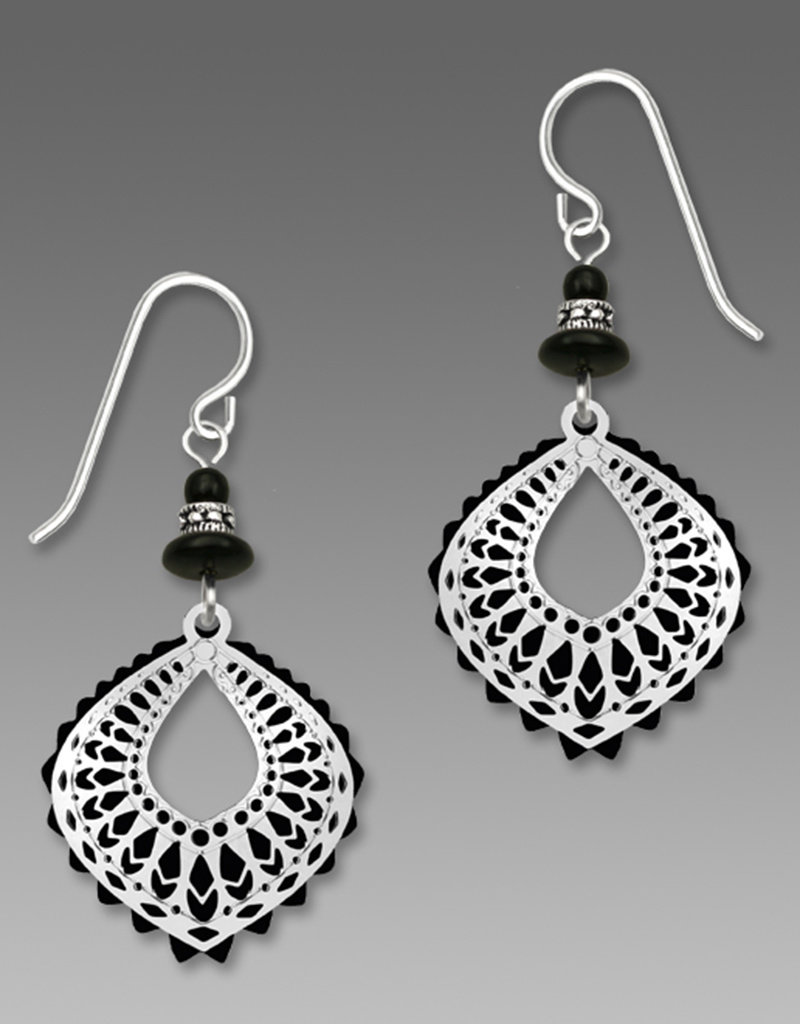 Black Moroccan-Style Drop Earrings with Imitation Rhodium Filigree Overlay and Beads